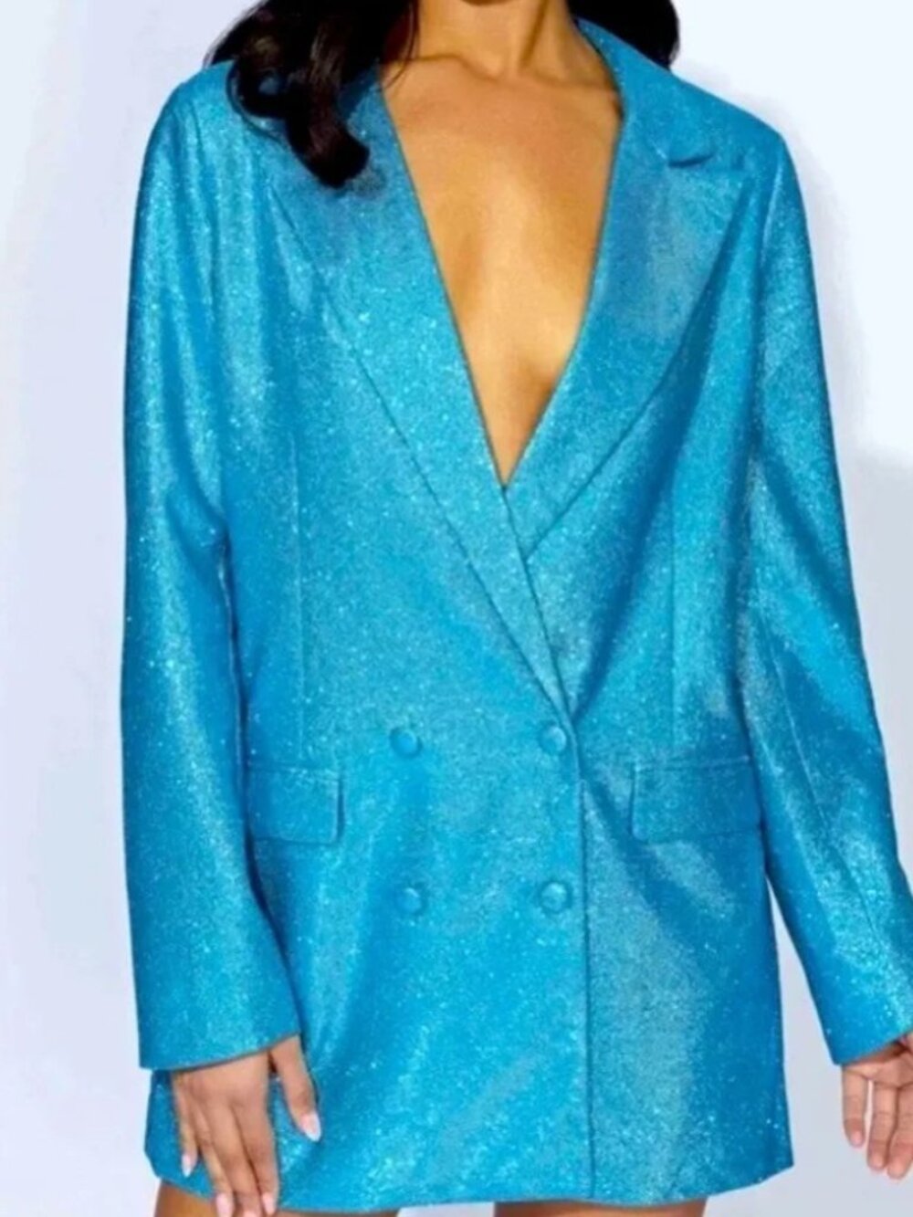 MESHKI Becky Shimmer Oversized Turquoise Blazer Dress – Size L